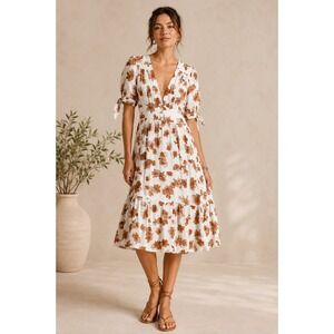 Women's Floral dress Altarid State S Orange Midi Cottage Coquette Feminine Vneck